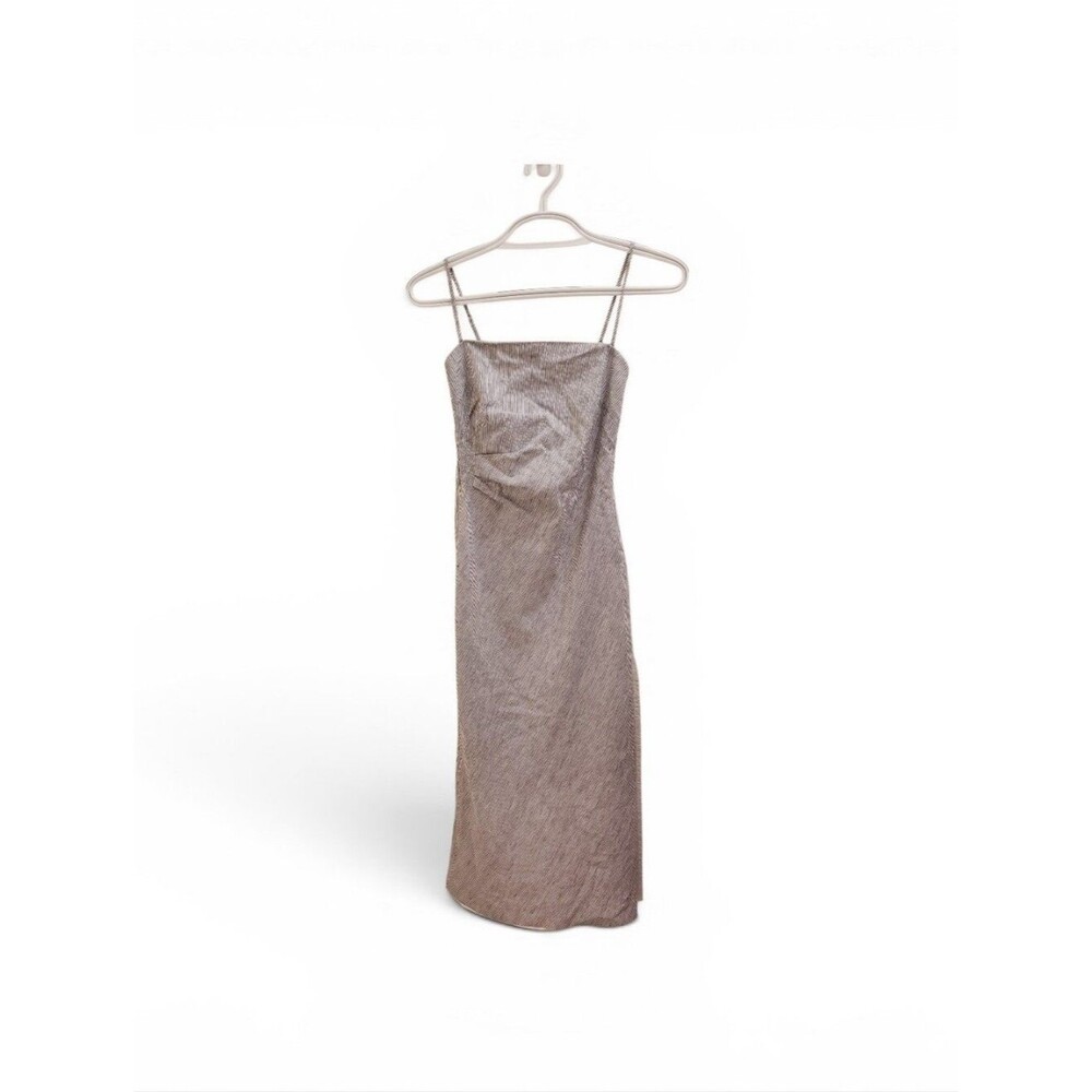 Vince Metallic Pin Stipe Blue Silver Midi Sleeveless Dress.